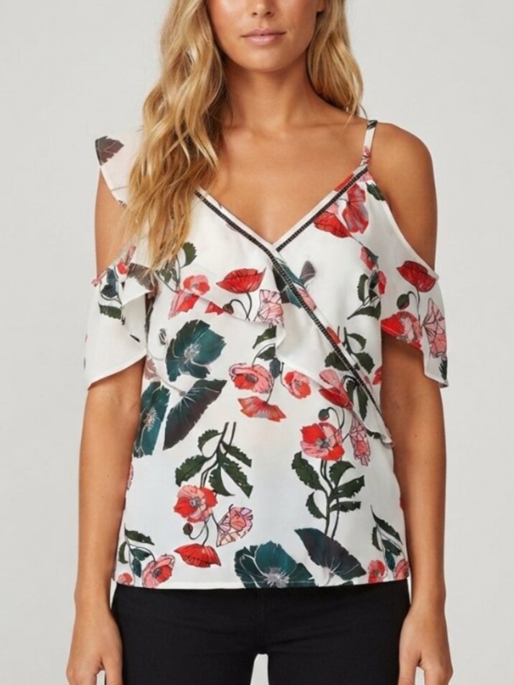 Adelyn Rae White Floral Cold-Shoulder V-Neck Blouse Size Small 39935